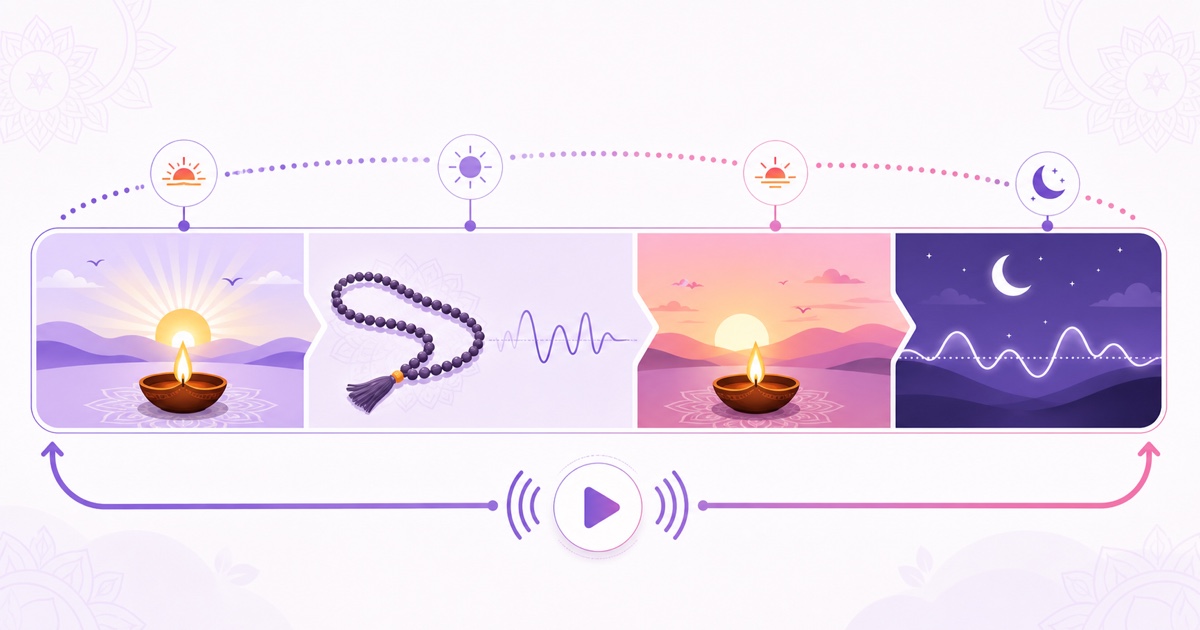 Daily stream timeline with morning aarti, daytime jaap, evening aarti, and overnight mantra blocks