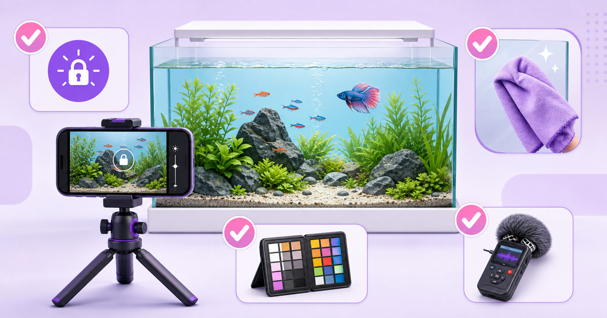 Aquarium filming setup with a phone tripod, locked exposure, clean glass, colour reference, and audio recorder