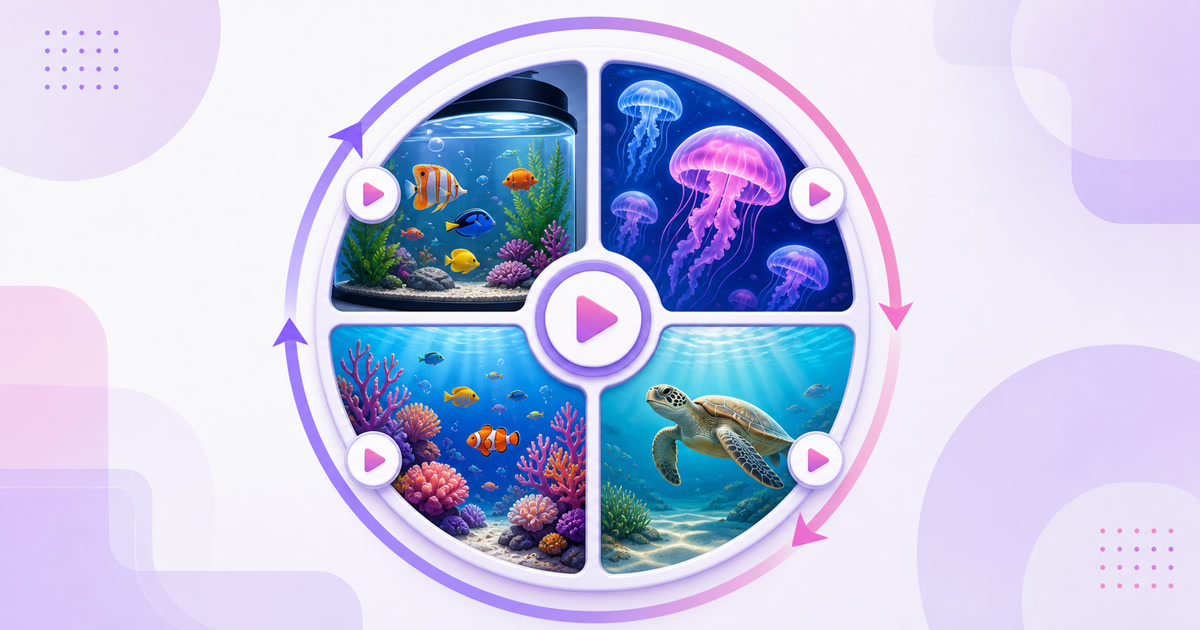 Circular playlist rotation showing tropical fish, jellyfish, coral, and turtle aquarium variations