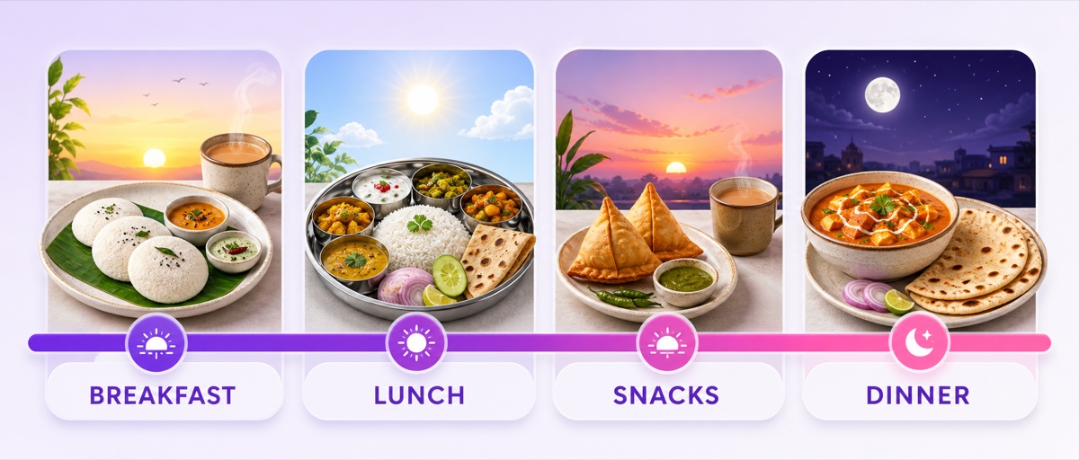 Meal-time programming strip for breakfast, lunch, snacks, and dinner recipe blocks