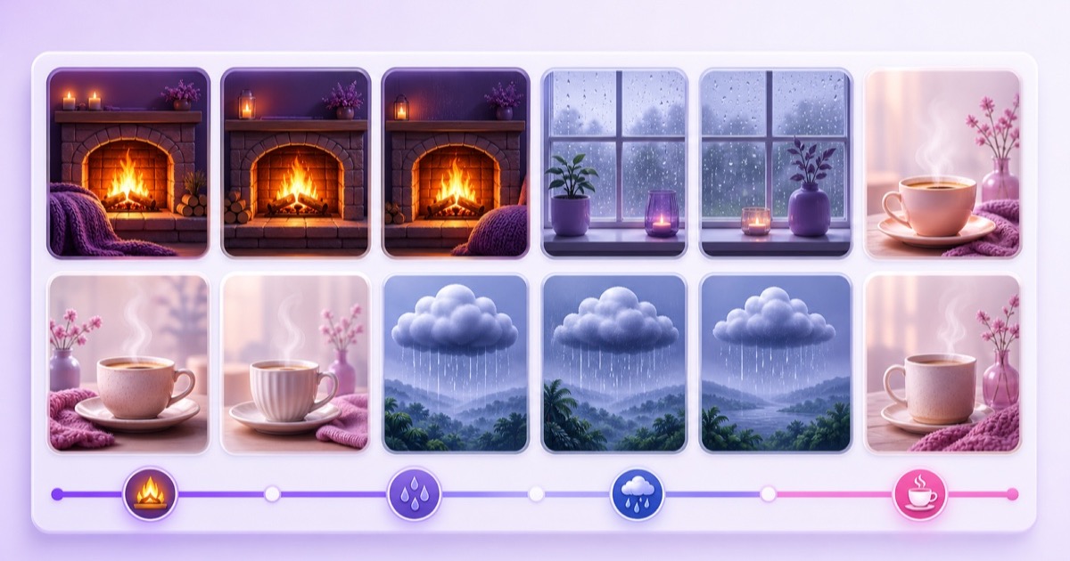 A visual seasonal calendar rotating fireplace, rain, monsoon, and cozy café ambience