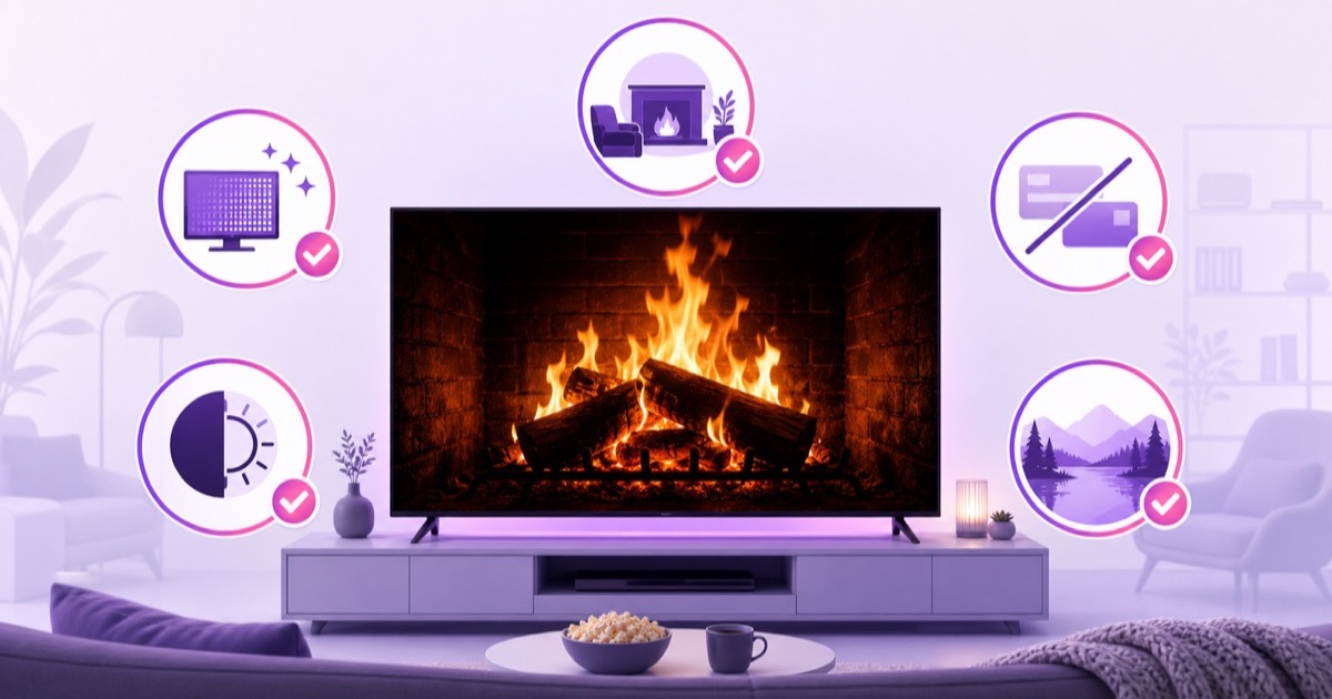 Television viewing checklist for a sharp, dark-room-friendly fireplace stream with minimal overlays