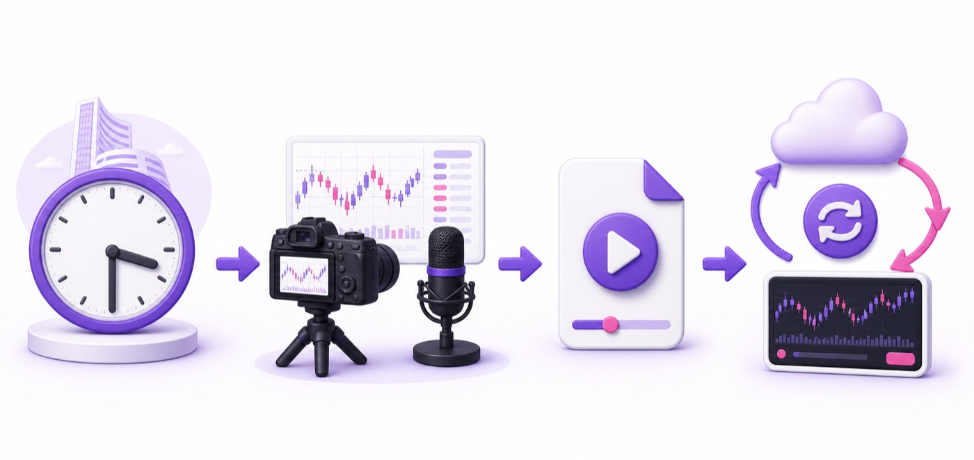 Daily workflow from the 3:30 p.m. market close through recording, video export, and the always-on stream update