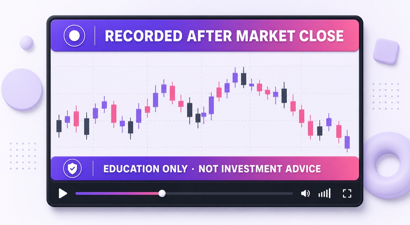 Market analysis video layout with a prominent recorded-after-close banner and an education-only disclaimer bar