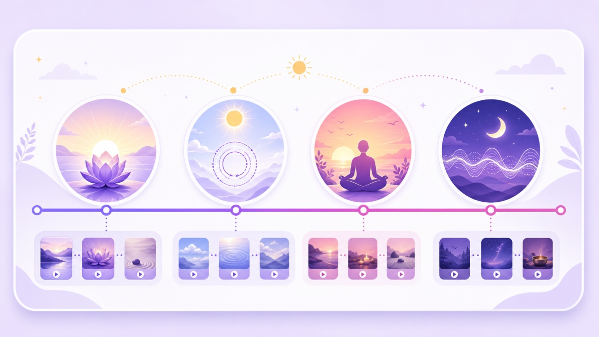 Four-part meditation channel timeline from morning practice through midday breathing and evening talks to night ambience