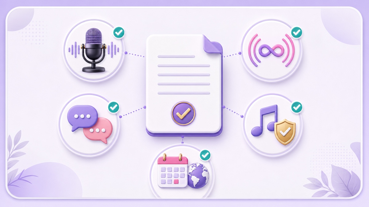 Guest-speaker permission checklist covering recording, continuous broadcast, translation, music and duration rights
