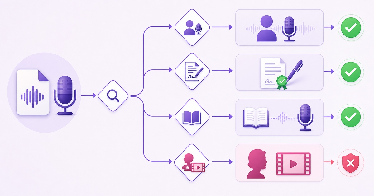 Rights decision flow for self-recorded, commissioned, public-domain, and famous-speaker audio