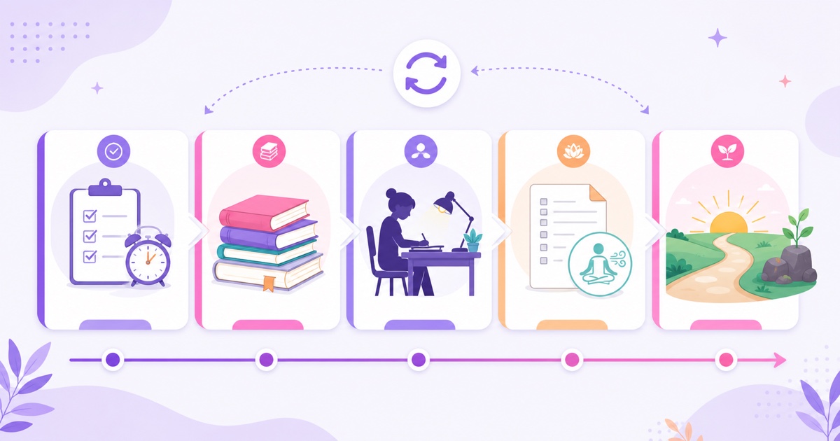 Exam-cycle content plan progressing from discipline and revision to calm and recovery