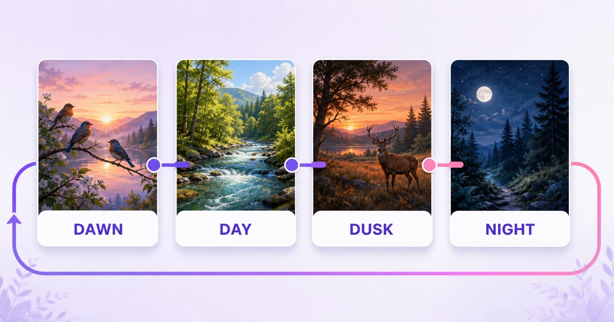Four-part recorded nature playlist moving from dawn through day and dusk to night