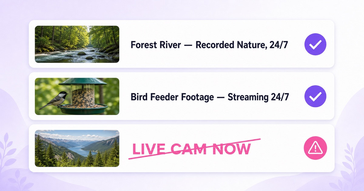 Examples of honest recorded nature stream titles compared with a misleading live cam title