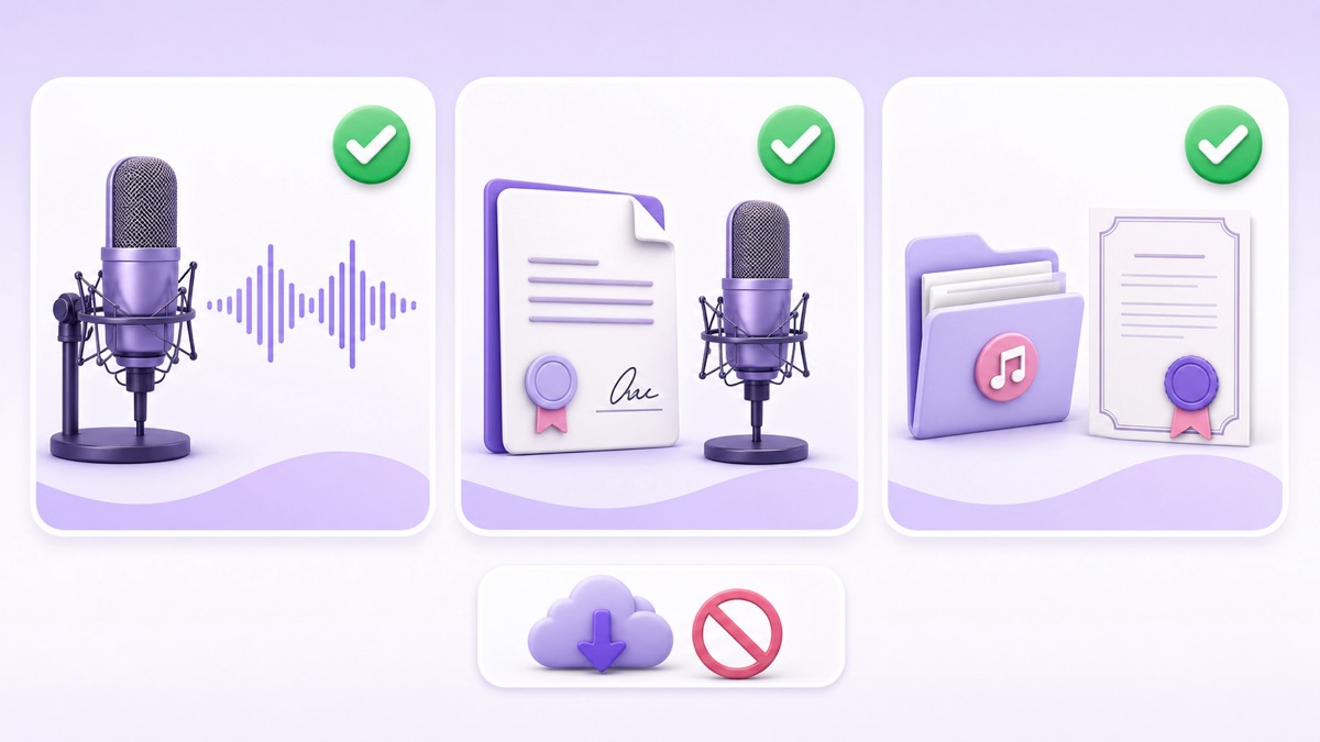 Three safe recitation sources: self-recorded audio, written permission, and an explicitly licensed catalog