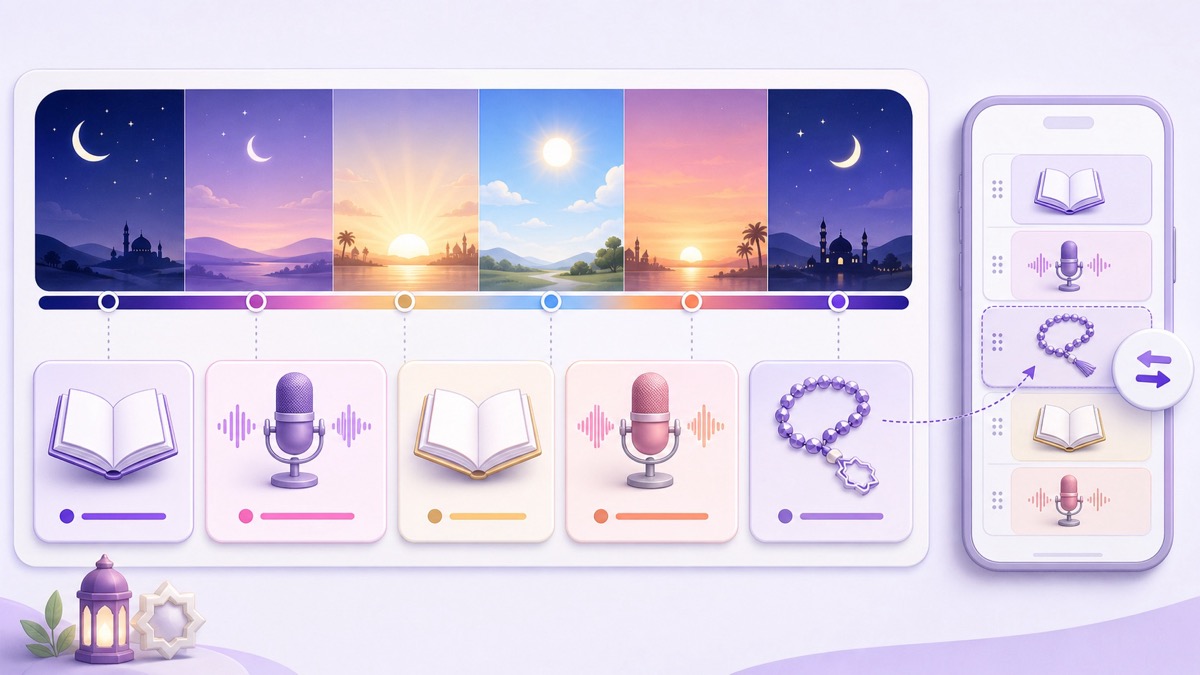 Ramadan programming timeline with recitation and naat blocks that can be swapped from a phone dashboard