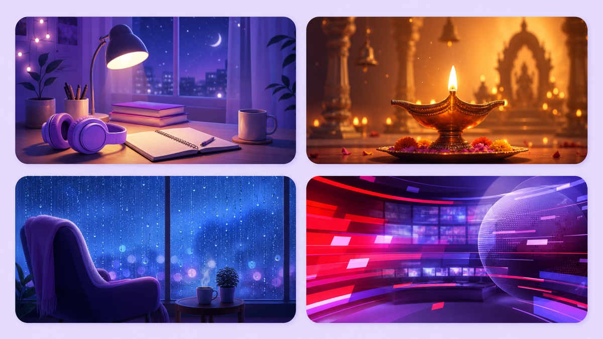 Four original 24/7 stream thumbnail concepts for lofi, devotional, rain ambience, and news commentary channels