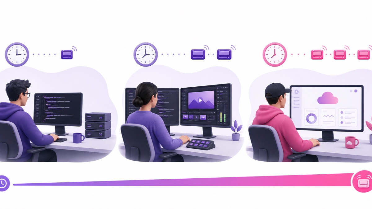 Three creator workstations illustrating different levels of terminal work, video production work, and managed dashboard use