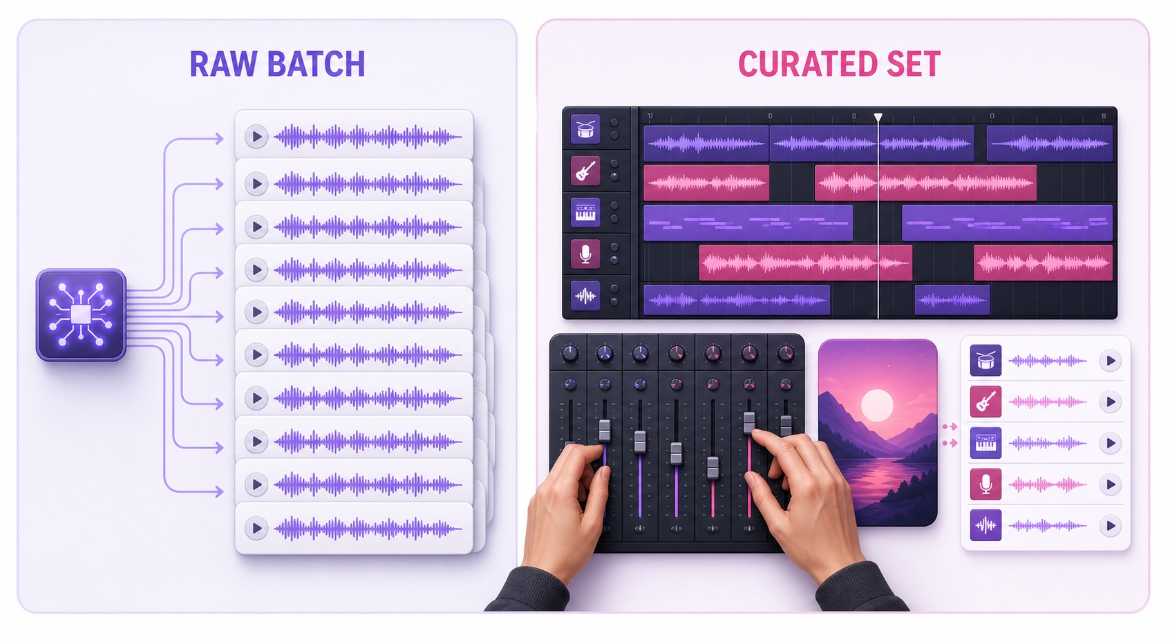 Comparison of a mass-exported AI music batch with a human-curated, mixed, and art-directed set