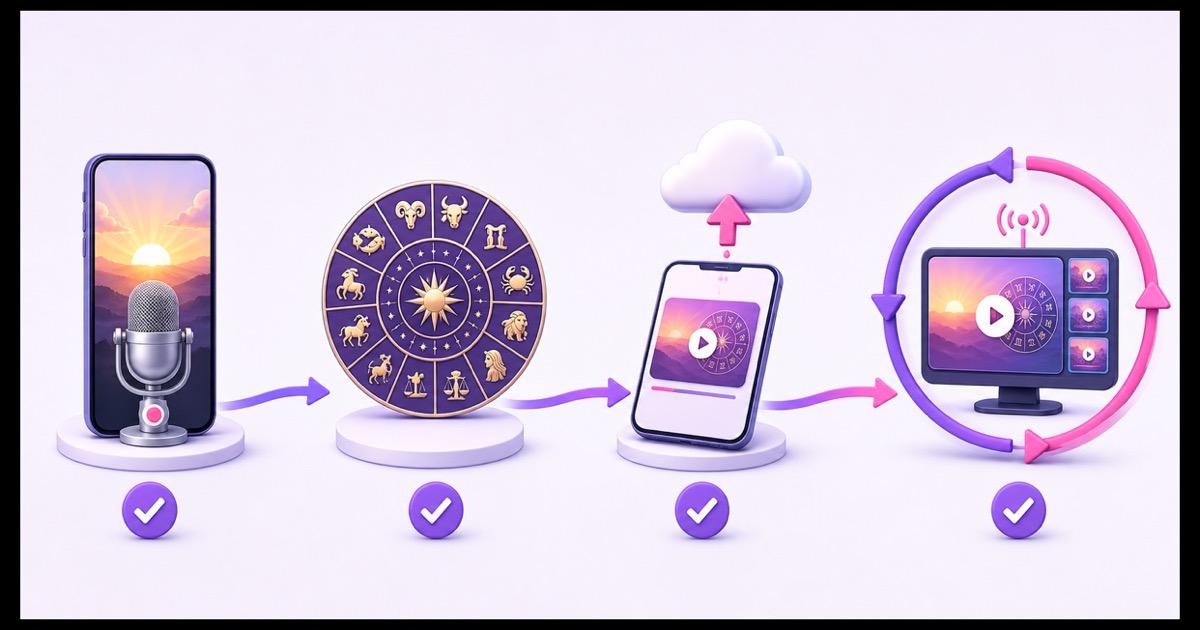 Four-step daily rashifal workflow from sunrise phone recording to zodiac bulletin upload and an all-day loop