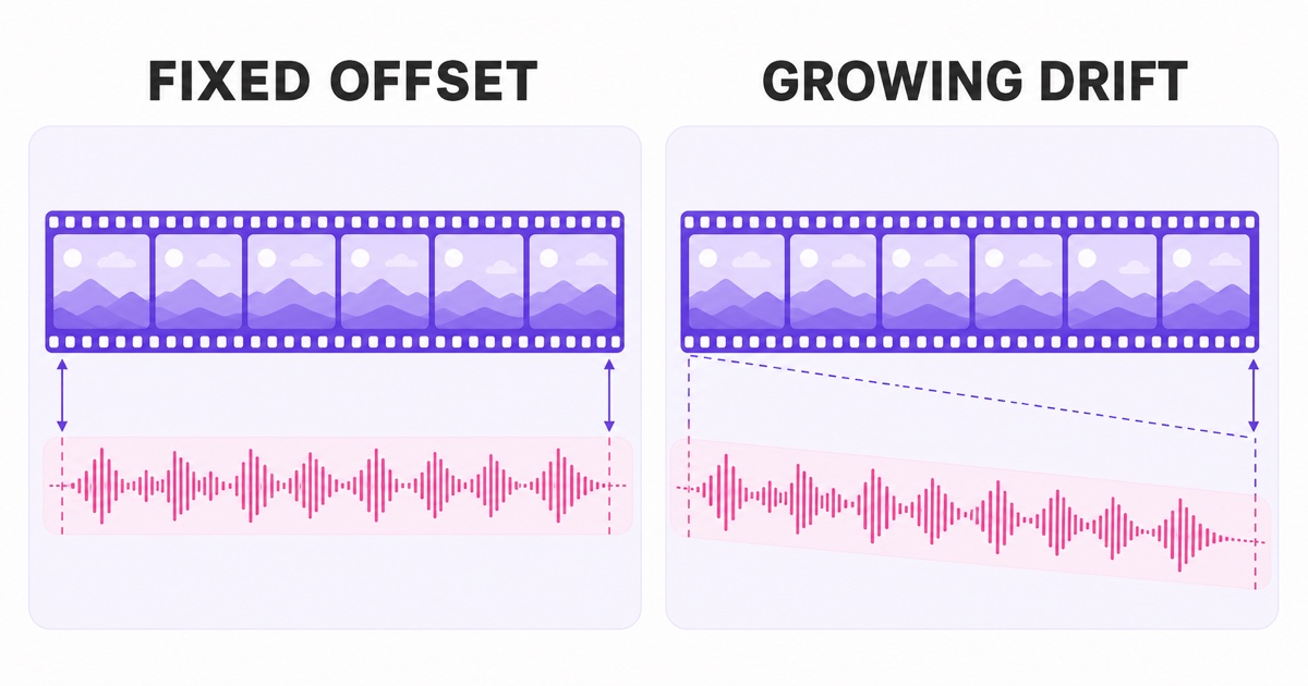 Comparison of a fixed audio offset and audio-video drift that grows over time