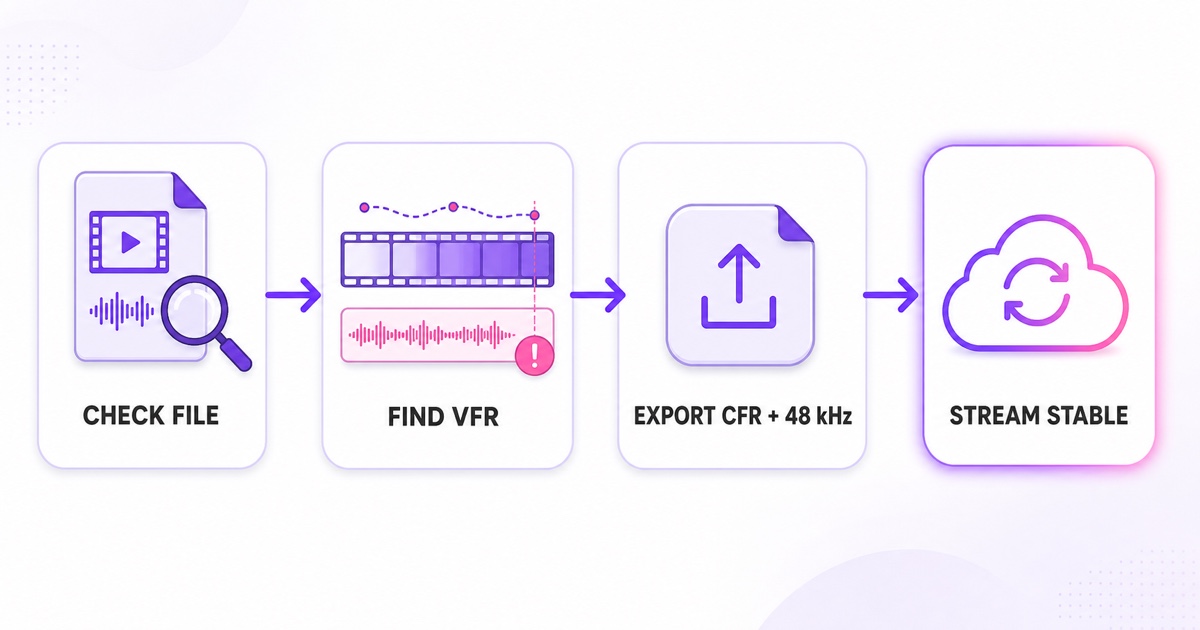 Four-step flow from checking a file for VFR to exporting CFR with 48 kHz audio and streaming a stable loop