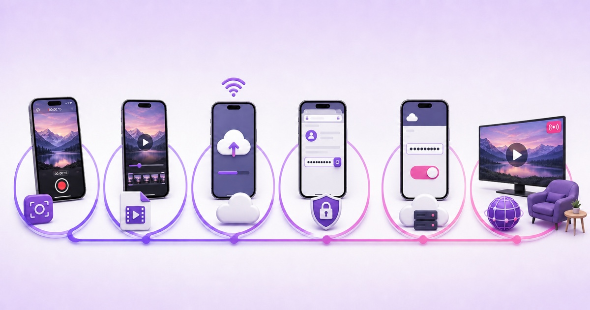 Six-stage phone-only workflow from recording and upload to a cloud encoder broadcasting continuously