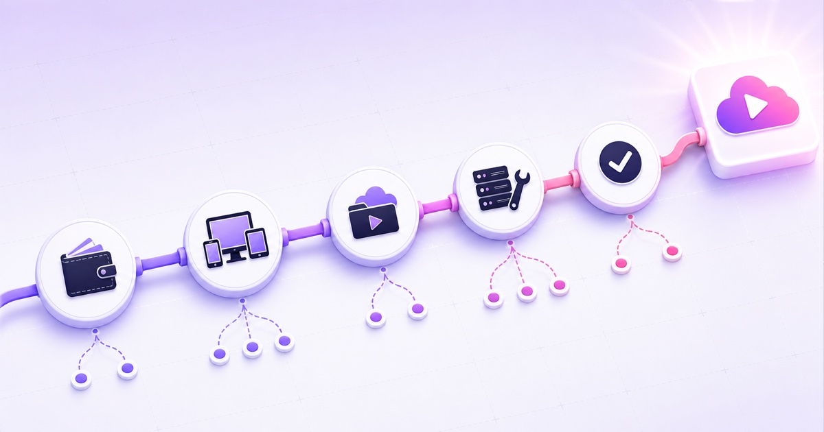 Five-stage decision flow from budget and platforms to a tested cloud streaming service
