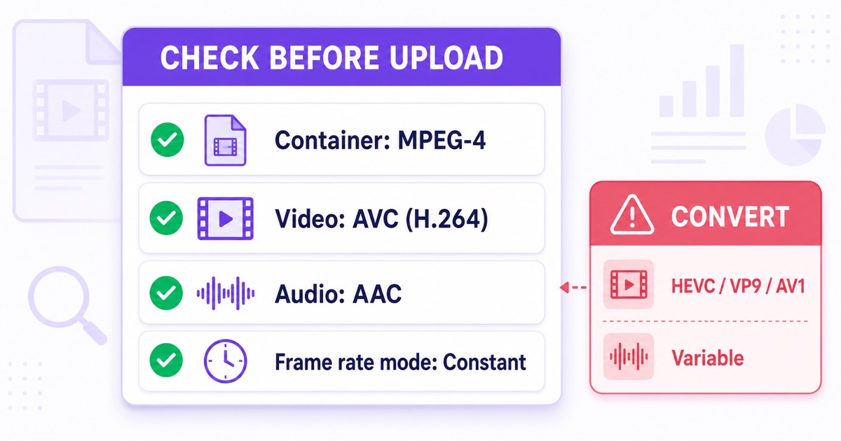 MediaInfo pre-upload checklist for MPEG-4 container, H.264 video, AAC audio and constant frame rate