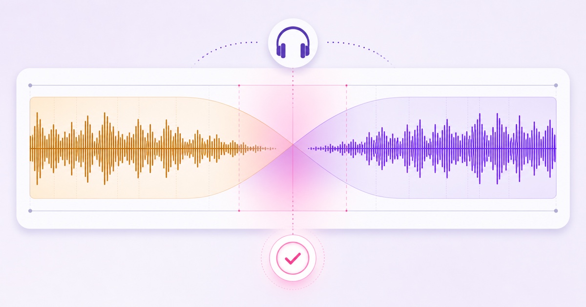 Audio editor diagram showing amber and violet waveforms crossing at a seamless loop boundary