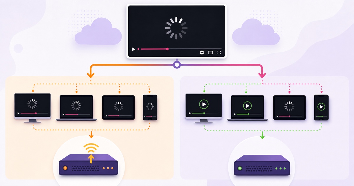 Diagnosis flow showing all viewers buffering from an encoder problem versus one viewer buffering on a healthy stream