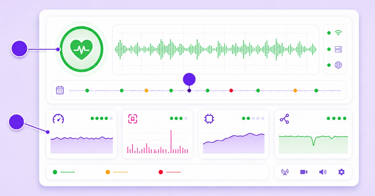 Generic stream-health dashboard highlighting the health indicator, event timeline, and performance graphs