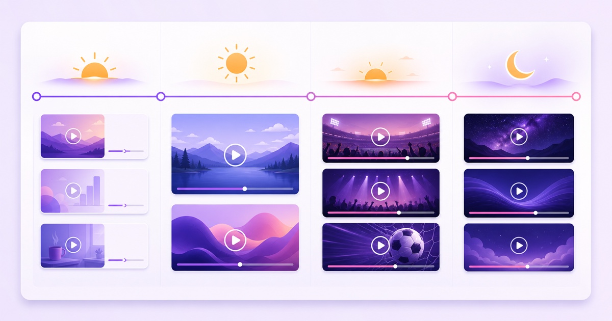 Illustrated 24-hour daypart schedule with morning, afternoon, evening, and overnight video blocks