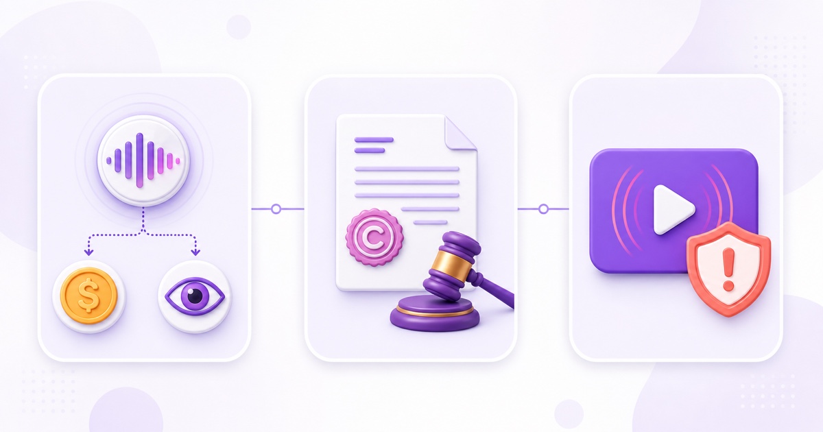 Three distinct copyright enforcement paths: Content ID claim, legal takedown strike, and live-stream interruption