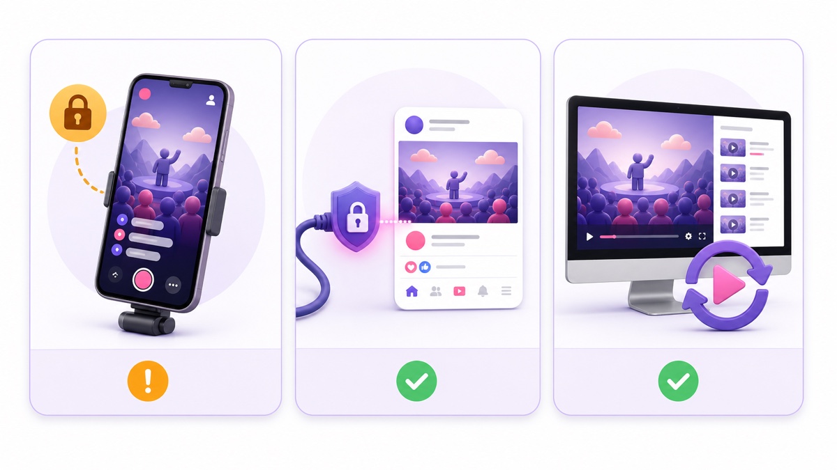 Visual comparison of Instagram mobile Live, a secure Facebook Page broadcast, and a continuous YouTube channel