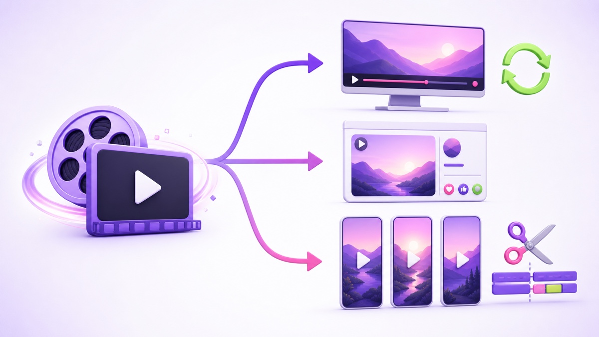 One master video repurposed into a long-running live channel, a social page broadcast, and three vertical clips