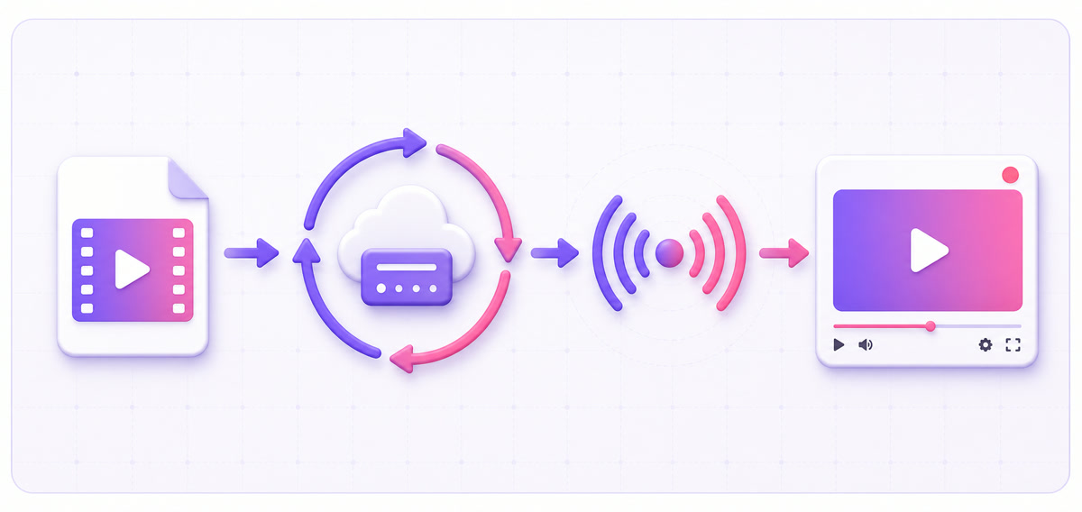 Architecture diagram showing a video file passing through a looping cloud encoder and broadcast signal to a live player