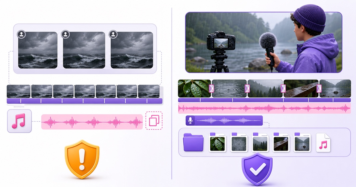 Visual comparison of a duplicated stock loop and an original creator-recorded rain stream
