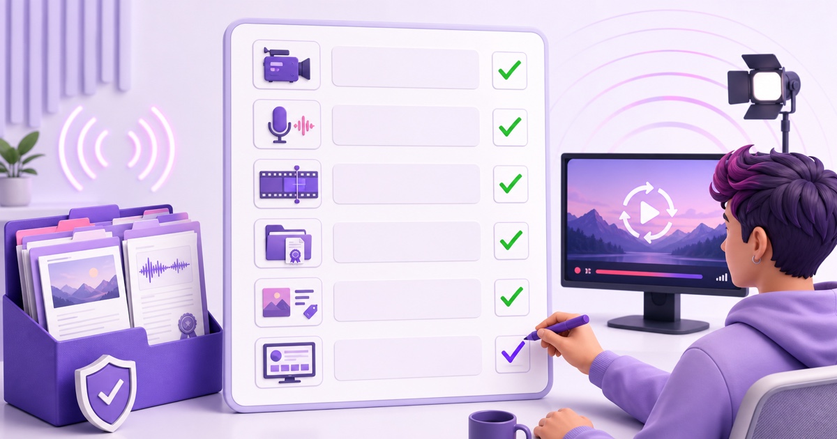 Creator checking original footage, audio, edits, licenses, metadata, and channel evidence before YPP application