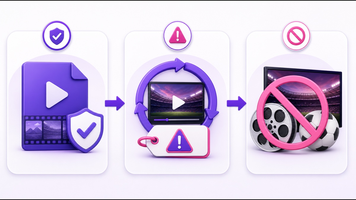 Three-zone diagram showing owned content as safe, disclosed prerecorded loops as caution, and unlicensed films or sports as prohibited