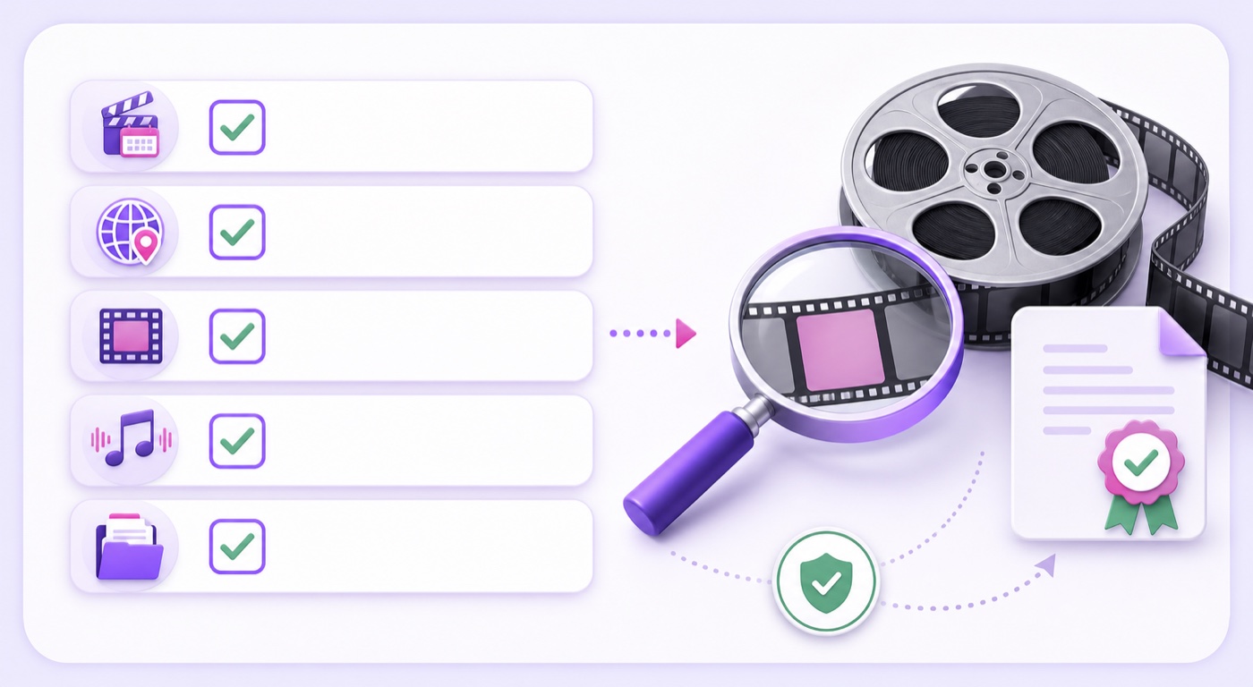 Five-part public-domain film verification checklist covering release, territory, print, music, and records
