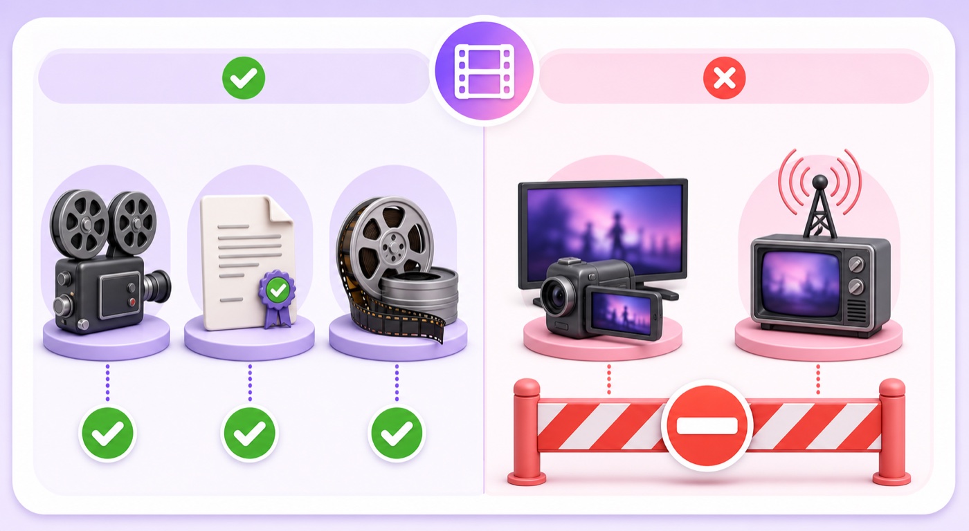Allowed versus blocked sources for a 24/7 movie channel, including original, licensed, public-domain, copied, and broadcast footage