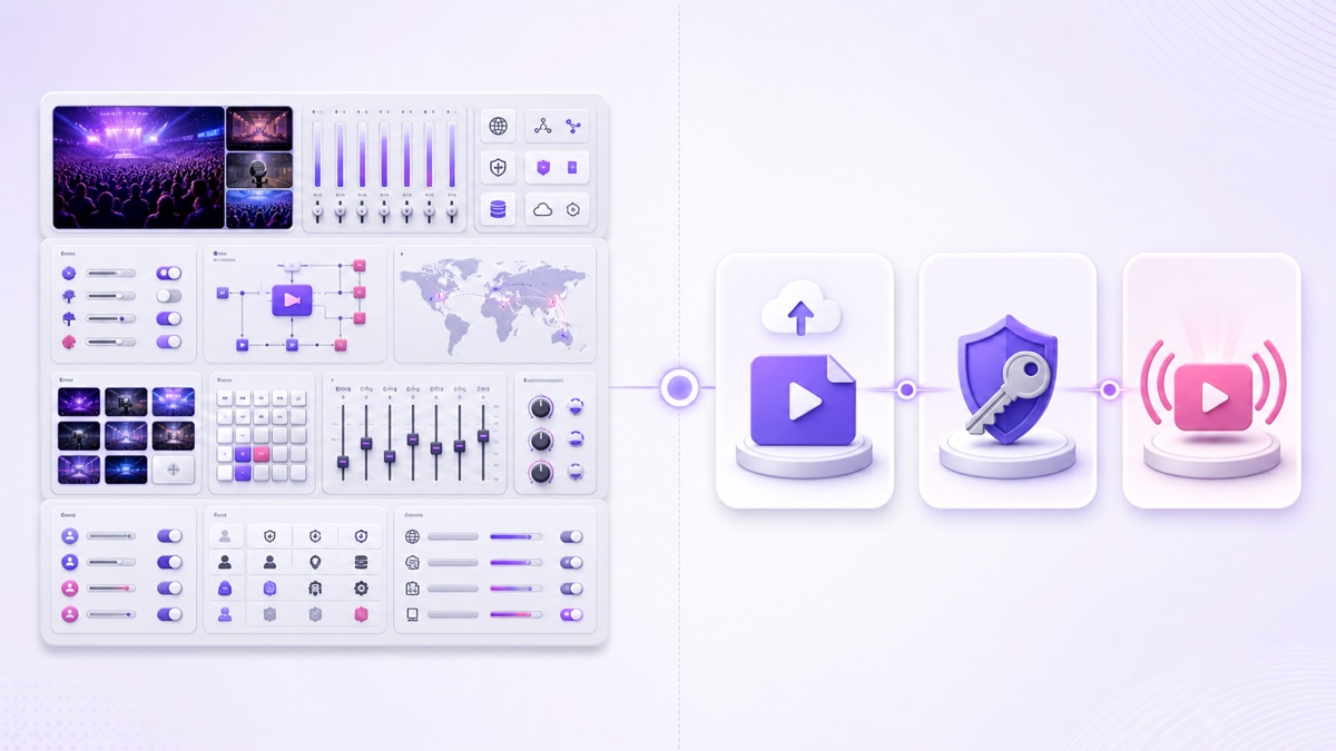 A full professional broadcast console compared with a simple upload, stream key, and go-live workflow