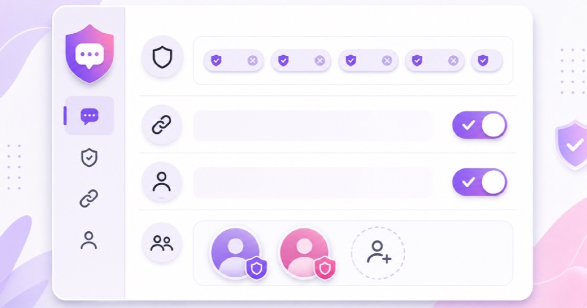 Illustration of blocked words, link filtering, review controls, and moderator roles in a live chat settings panel