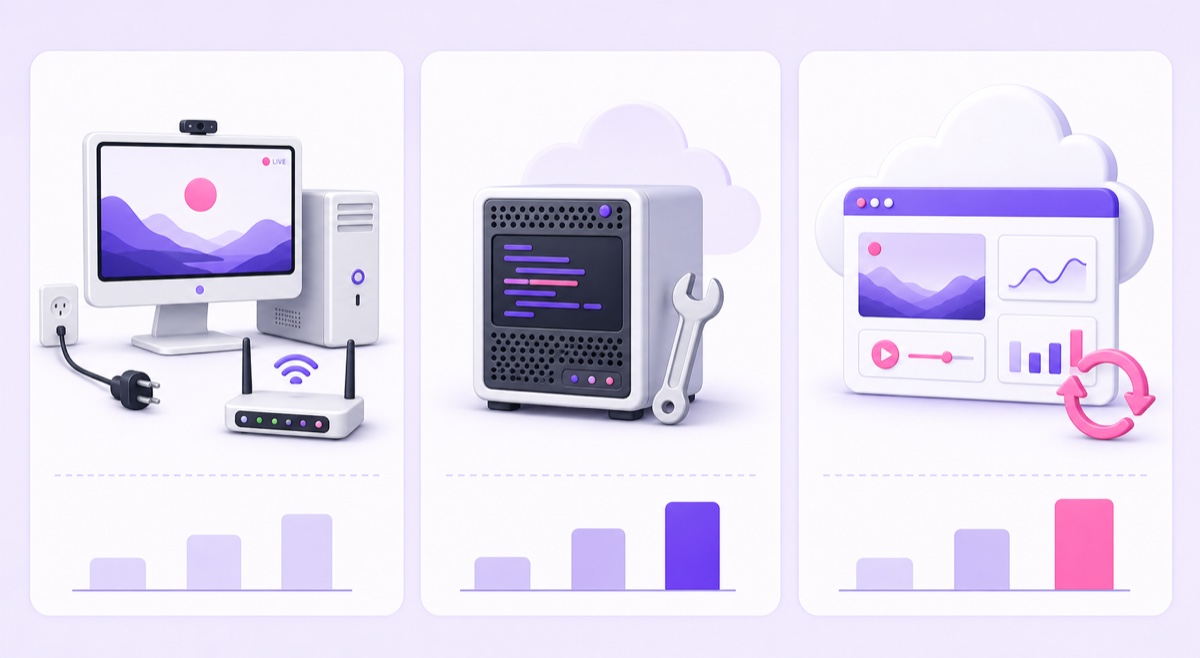 Three-panel comparison of a home PC, self-managed cloud server and managed streaming dashboard