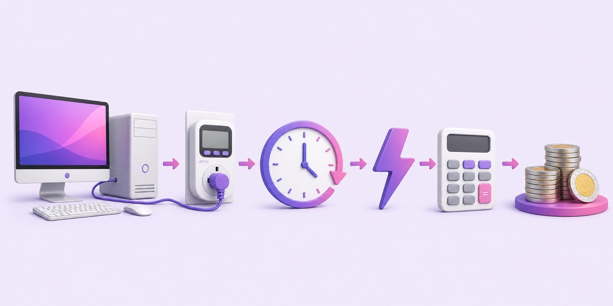 Desktop PC, power meter, clock, electricity and calculator illustrating the daily streaming electricity calculation