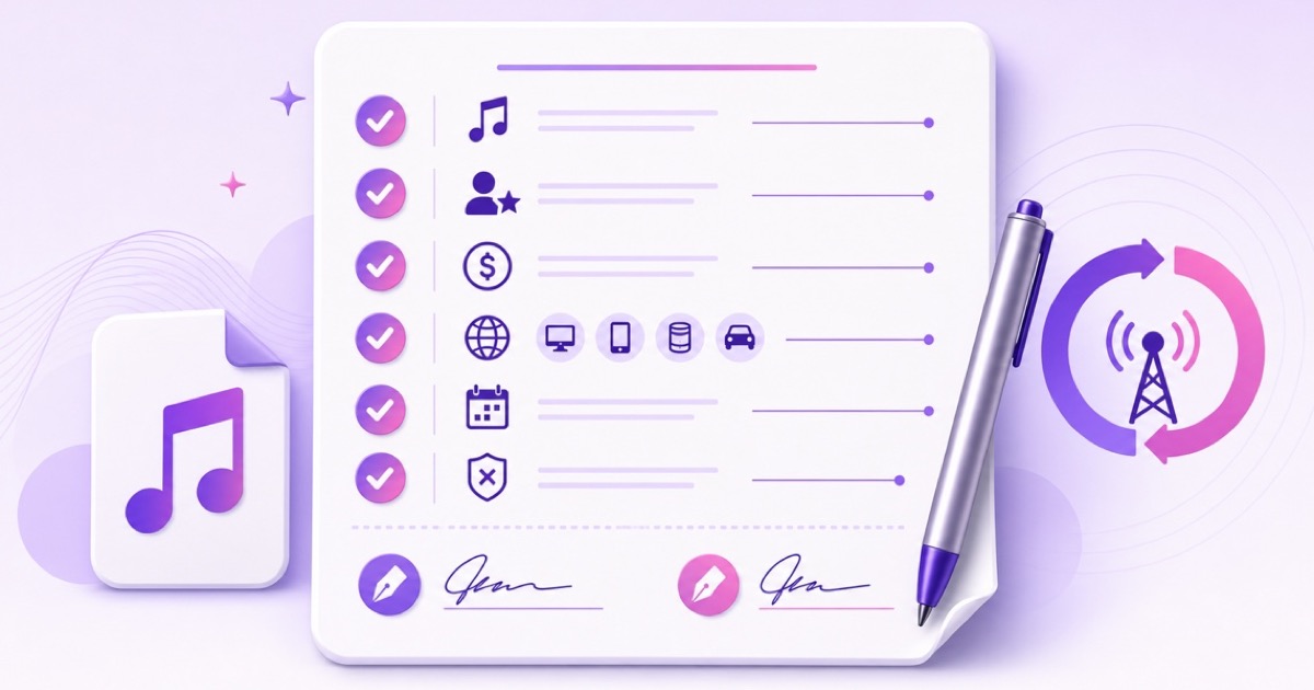 Artist music permission checklist showing track rights, credit, monetisation, platforms, duration, and exit terms