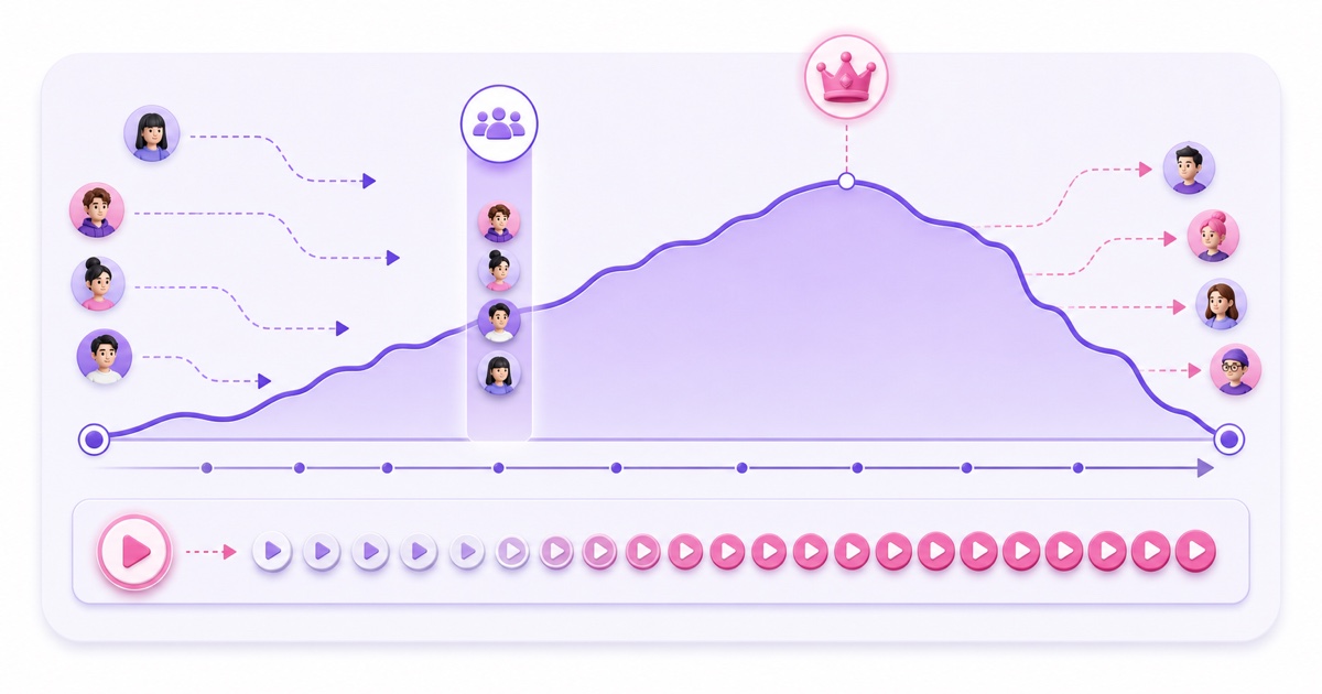 Illustration of viewers joining and leaving a live-stream timeline, with current, peak, and cumulative playback signals