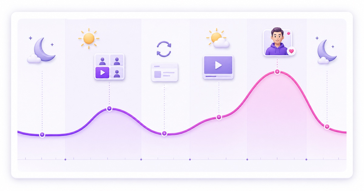 Illustrative, non-benchmark daypart curve with morning and evening live audience peaks and content decision markers