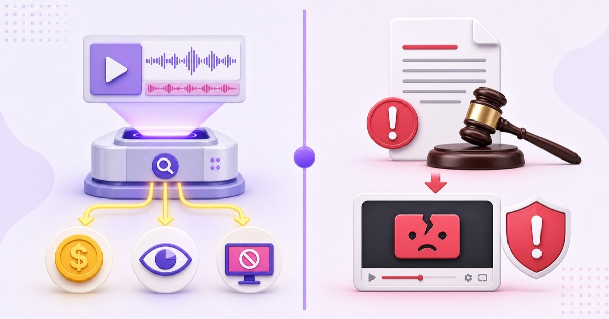 Visual comparison of automated Content ID outcomes and a legal copyright takedown