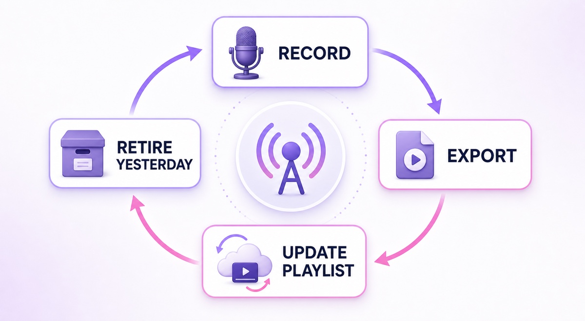 Four-step daily production cycle from recording and export to playlist update and retiring yesterday's bulletin