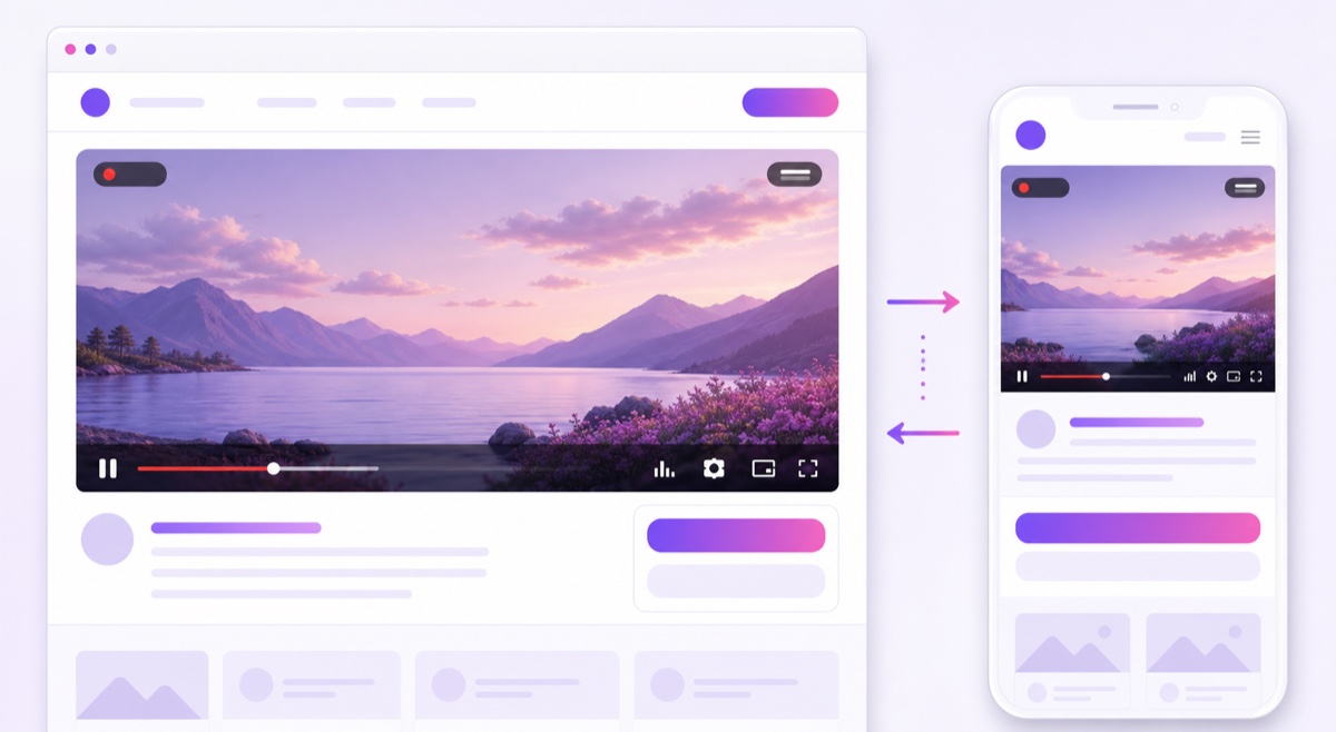 Desktop and narrow mobile website mockups showing the same live player resizing responsively