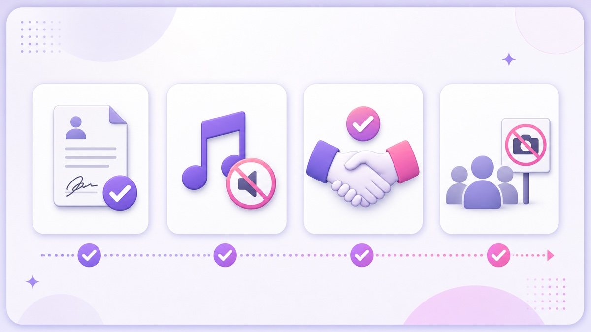 Conference replay rights checklist covering speaker releases, music, sponsors, and attendees