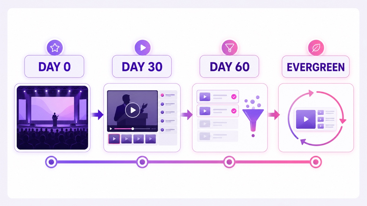 Timeline from event day through a 60-day replay campaign into an evergreen best-of loop